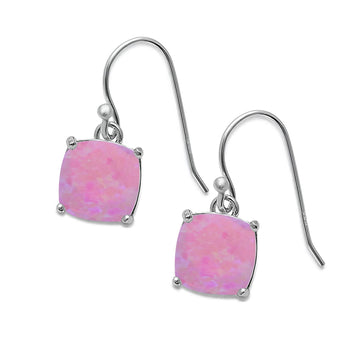 Halo Drop Dangle Earrings Cushion Lab Created Pink Opal Fish Hook 925 Sterling Silver (22mm)